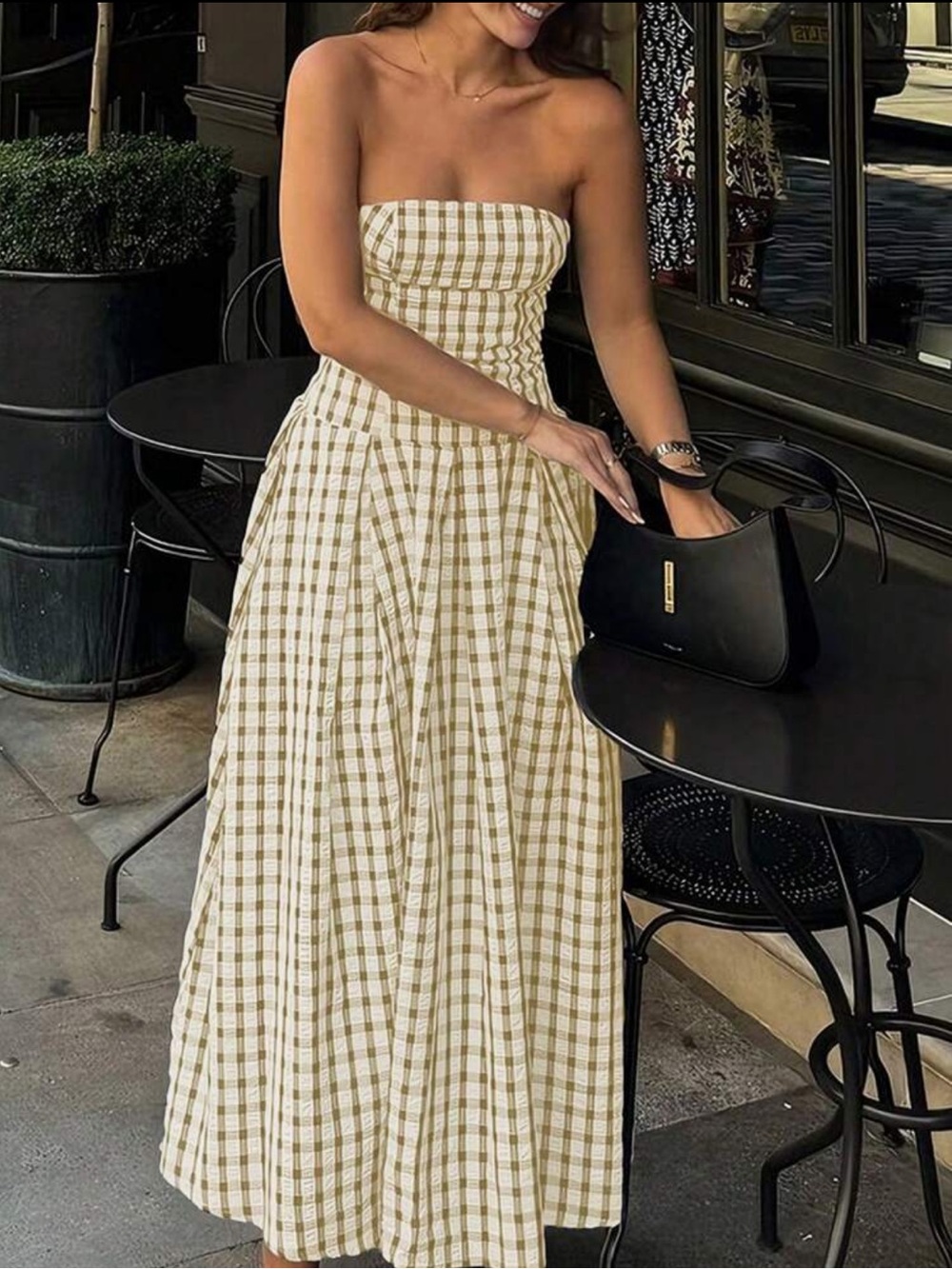 Strapless Gingham checkered Maxi Dress - Cream & tan - Picture 3 of 7